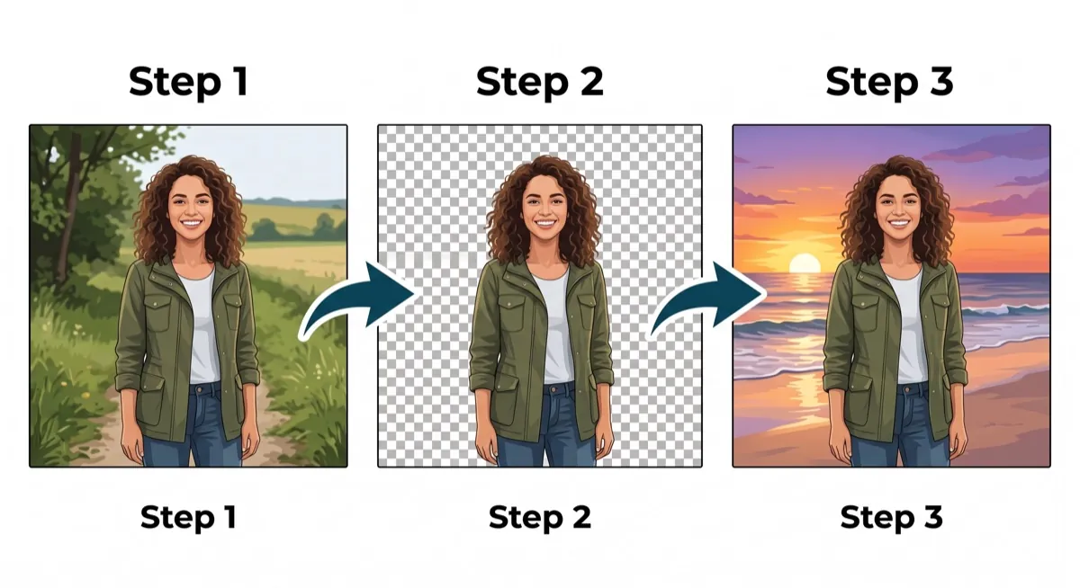 SELPIC AI Cut three-step process: upload, AI cutout, composite print
