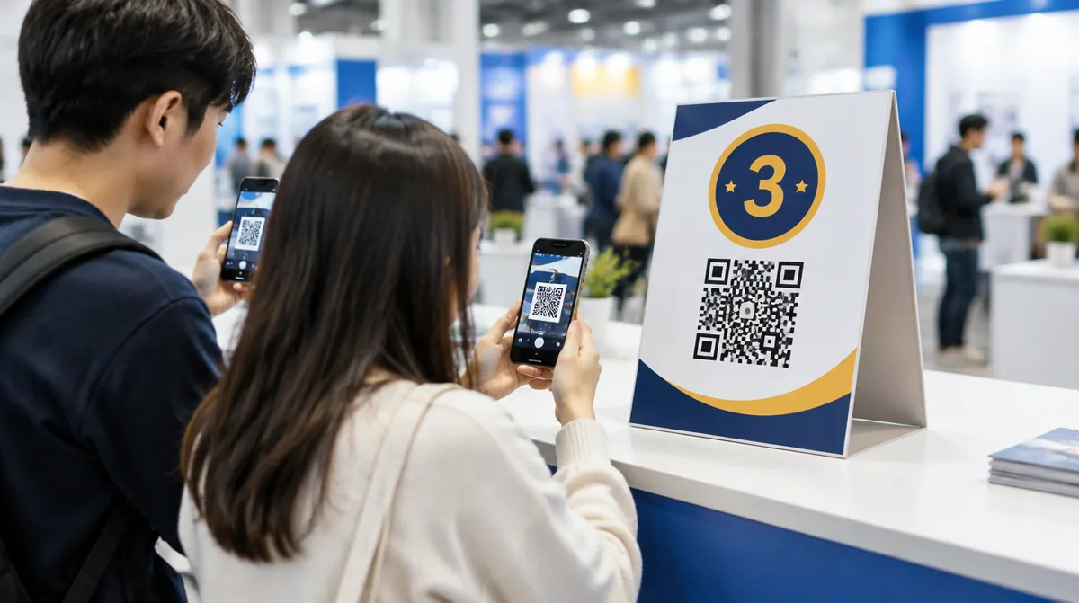 박람회 부스의 QR 스탬프 안내판을 스마트폰으로 찍는 관람객